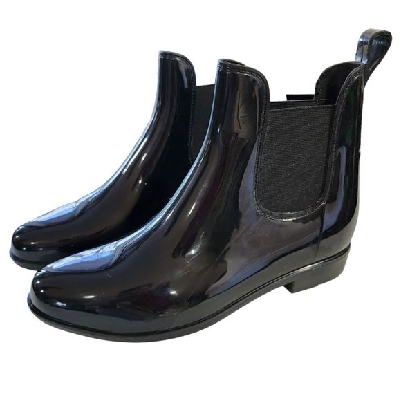 a new day Shoes - Women Waterproof Glossy Black Chelsea Slip On Casual Rain Boots Size 10
